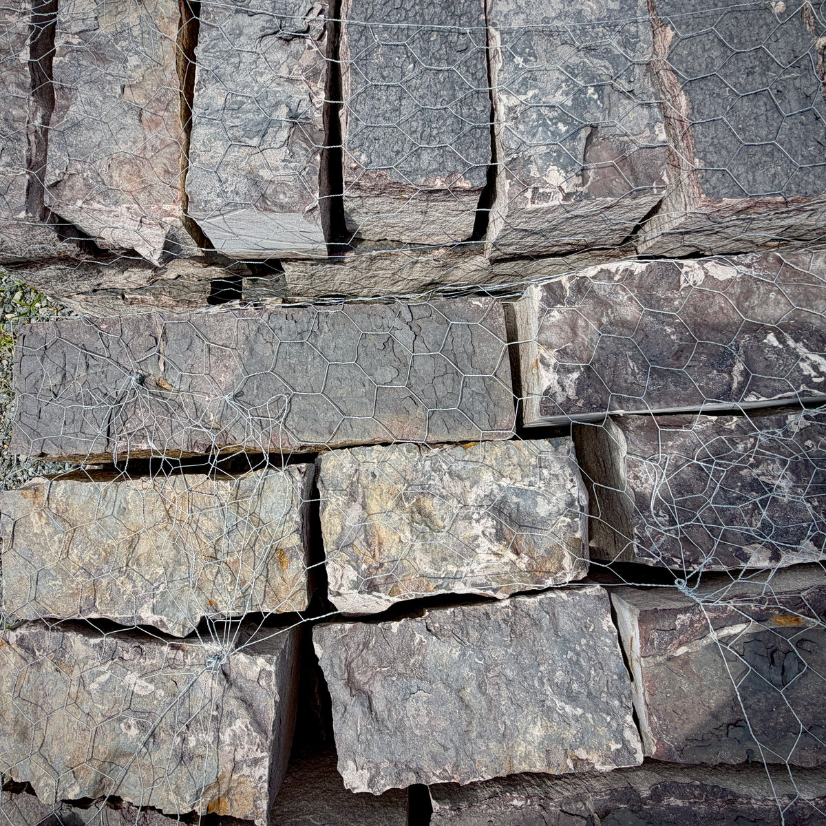 Close-up of Rock Island Lilac edging stone showing natural gray, blue, and lilac color variations.