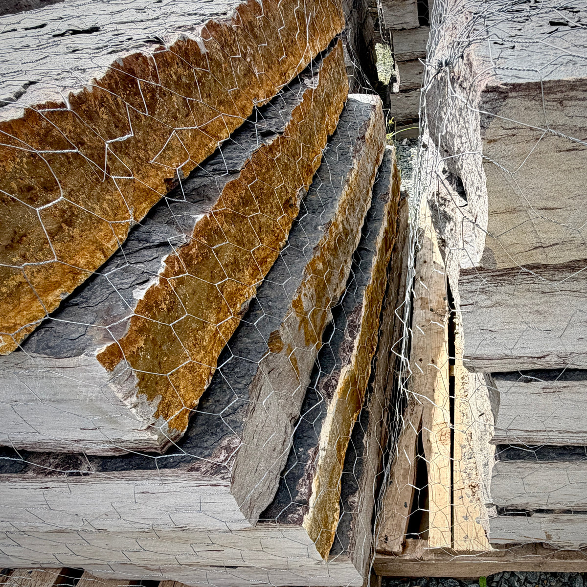 Close-up of Rock Island Lilac step edges with rust-brown cleft faces, gray layers, and natural split texture